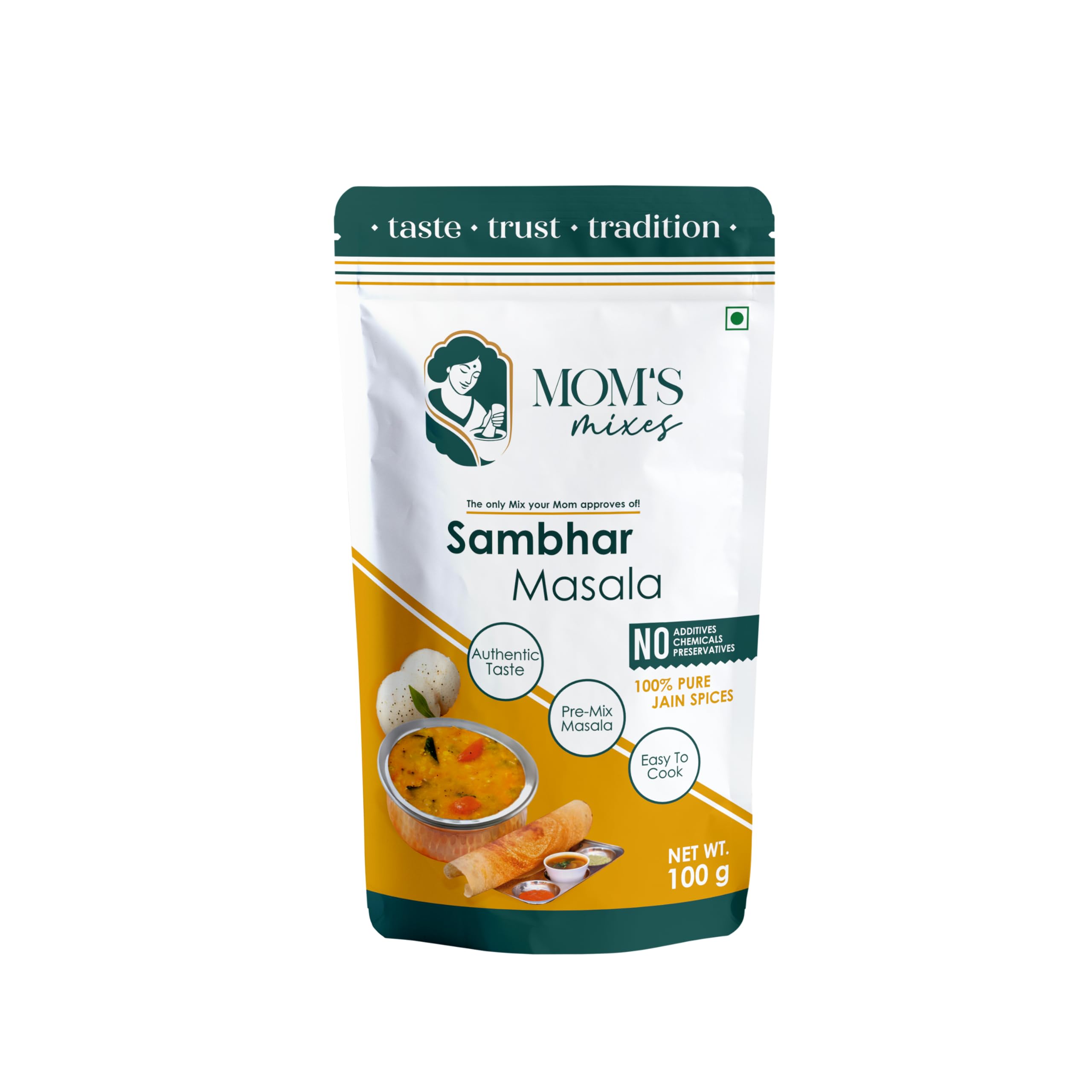 Mom’s Mixes Sambhar Masala | Pure Jain Spices | Pre-Mix Masala | No Onion No Garlic | Bold South Indian Taste | No MSG | No Preservatives | No Added Colours | Complete Spice Blend for South Indian Sambhar |100g