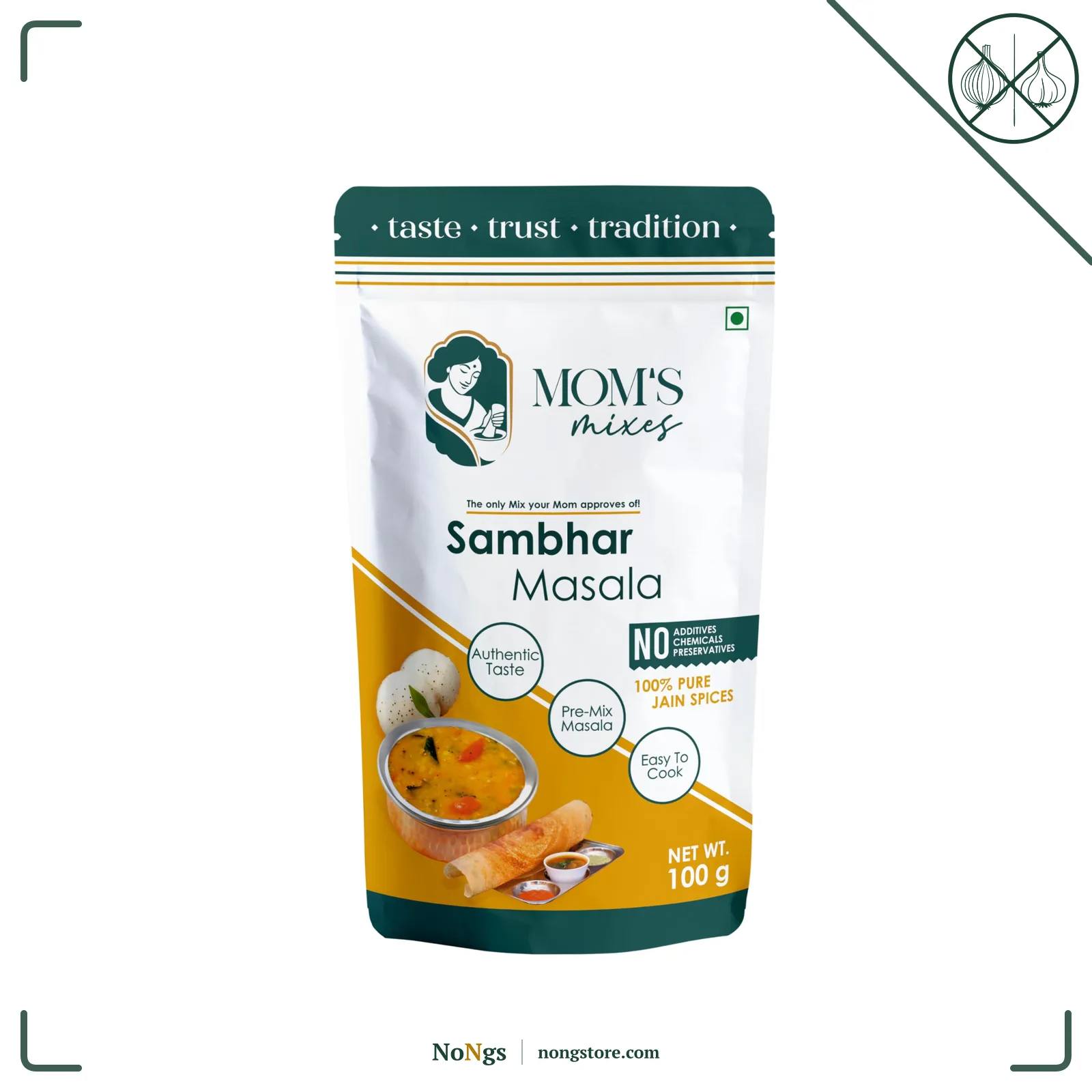 Mom’s Mixes Sambhar Masala | Pure Jain Spices | Pre-Mix Masala | No Onion No Garlic | Bold South Indian Taste | No MSG | No Preservatives | No Added Colours | Complete Spice Blend for South Indian Sambhar |100g