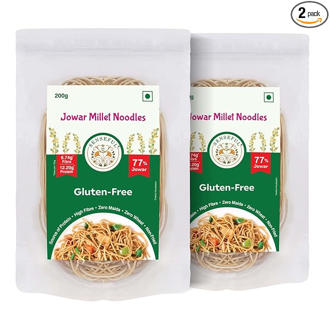 SENSEFUL Jowar (Sorghum) Millet Noodles Pack of 2 - Gluten-Free (Zero Maida & Zero Wheat), 77% Jowar, Source of Protein, High Fibre, Fat-Free, Low Sugar & Non-Fried - 200 gm each