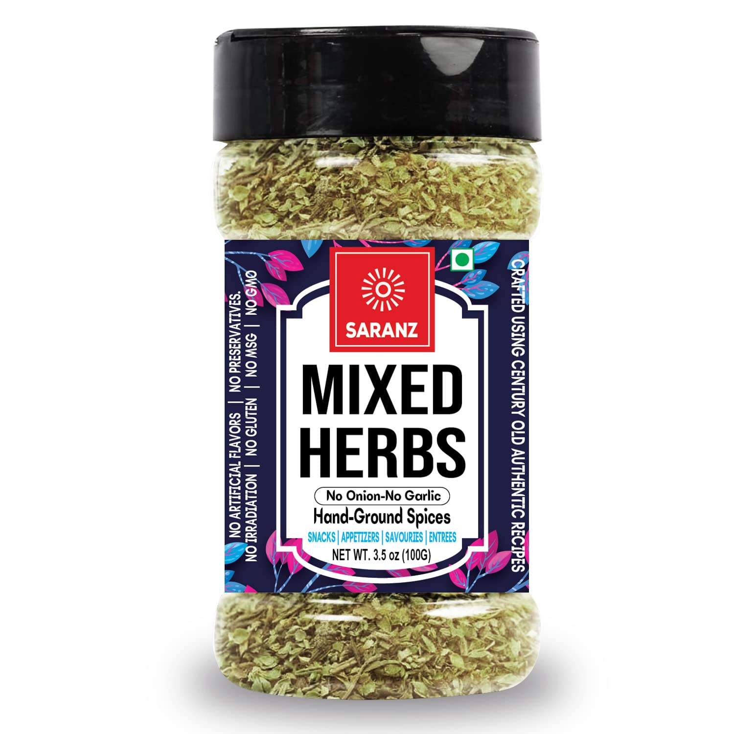 SARANZ Mixed Herbs Mix Jain Exotic Jain Seasoning Perfect for Snacks, Appetizers, Savouries, Entrees, Main Dishes Aromatic and Flavoured Vegan, Dairy Free and Gluten Free Seasonings-100 Grams(SJ)