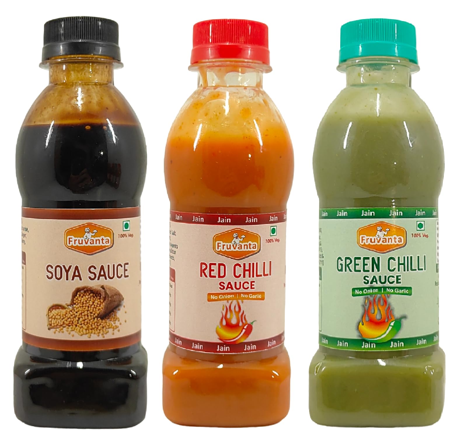 Fruvanta Jain Combo Without Onion/garlic/Potato Soya Sauce (200gm), green Chilli Sauce (200gm), Red Chilli Sauce (200gm) (Pack of 3)
