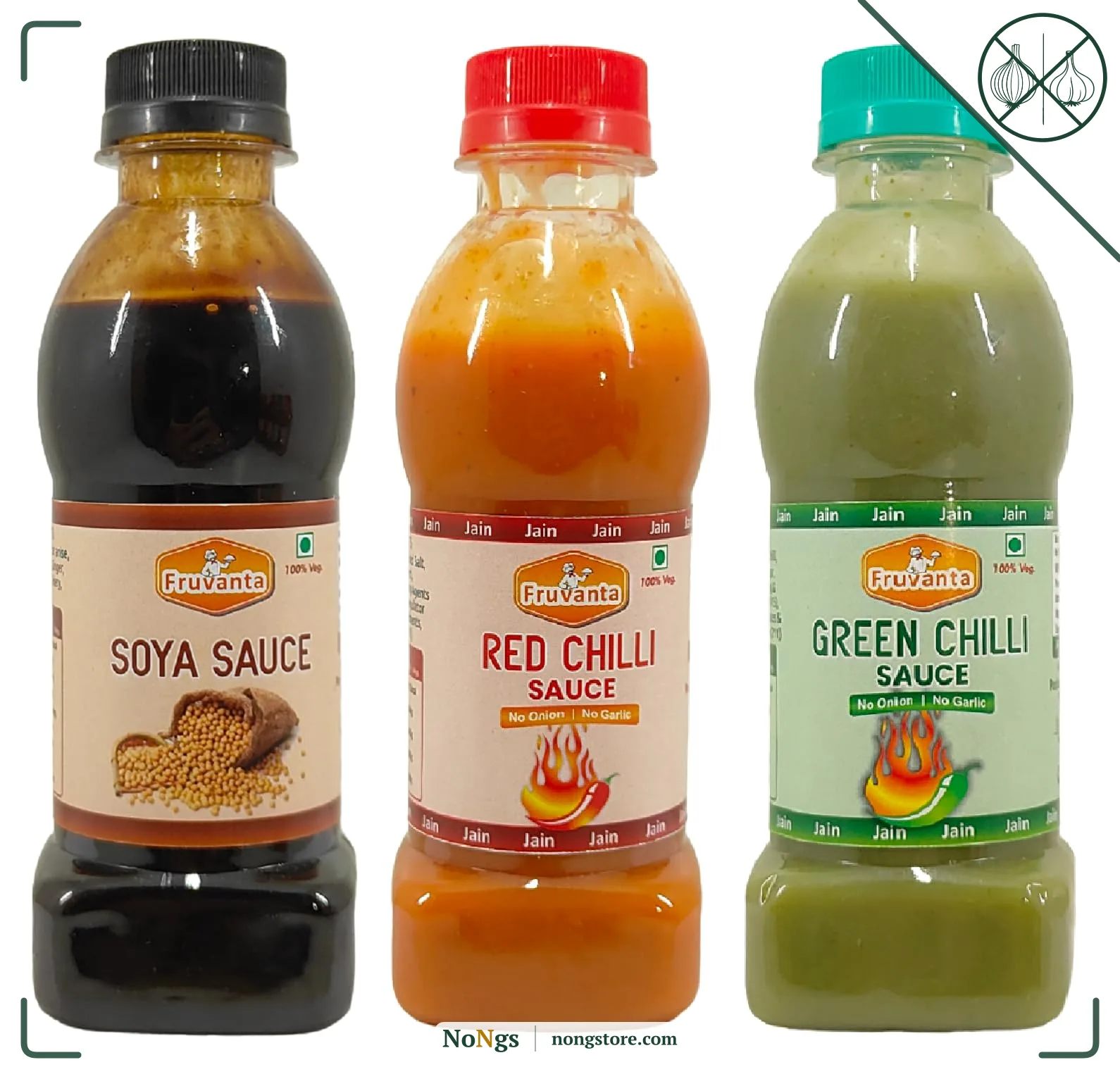 Fruvanta Jain Combo Without Onion/garlic/Potato Soya Sauce (200gm), green Chilli Sauce (200gm), Red Chilli Sauce (200gm) (Pack of 3)