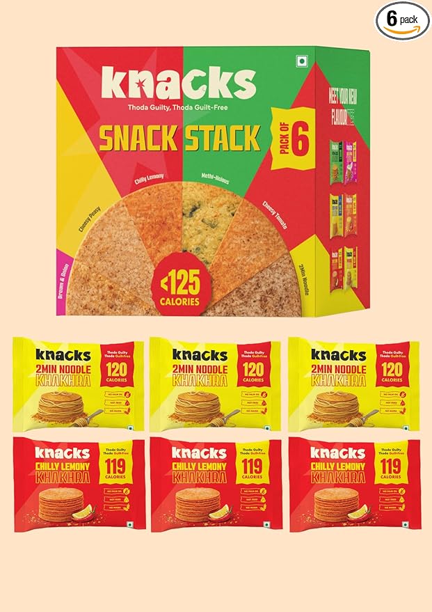 Knacks Masala Khakhra Pack | 2Min Noodle + Chilli Lemon Coin Khakhra, 6 x 30g | 119-120 Calories Per Pack | Healthy Snack Gift Box | No Palm Oil, No Maida, Not Fried | High Protein