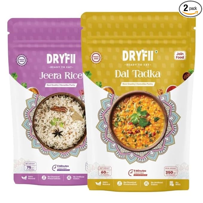 Dryfii Ready-to-Eat Instant | Jain Dal Tadka & Jeera Rice | Pure Veg | Freeze Dried | No Onion, No Garlic | Rehydrated Weight 475 g