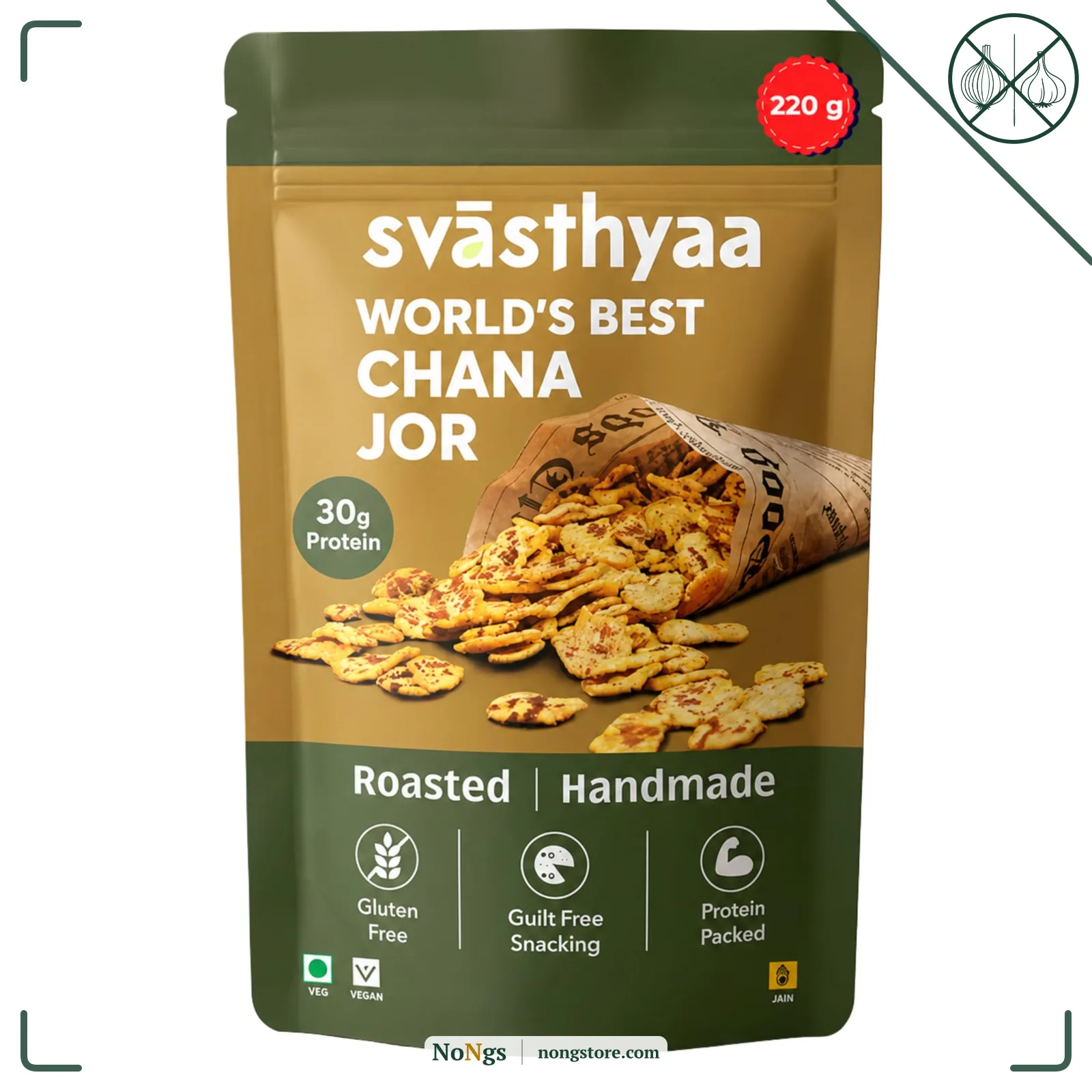 Svasthyaa Roasted Chana Jor Garam Healthy Snack for Kids & Adults | Crispy Channa Namkeen, High Protein, Gluten Free | Vegan Jain Snack with Sea Salt & Hing | No Palm Oil, No Added Sugar 220g - Pack of 1