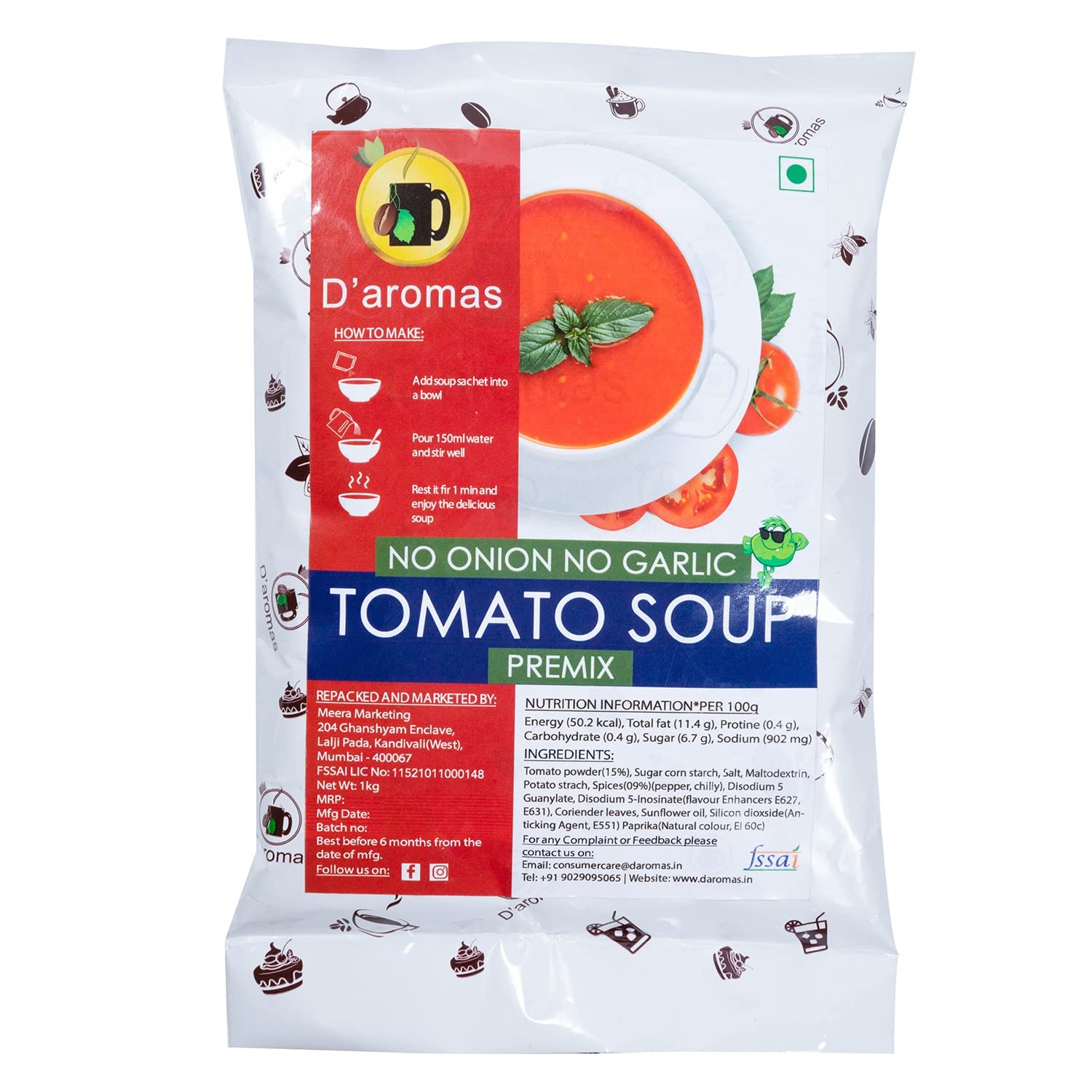 D'aromas Instant Jain Tomato Soup 5Kg, Instant Premix Powder With No Onion & No Garlic, Instant Mix Powder, Veg Soup, No Artificial Flavour & Colour 500gm (Pack Of 10)