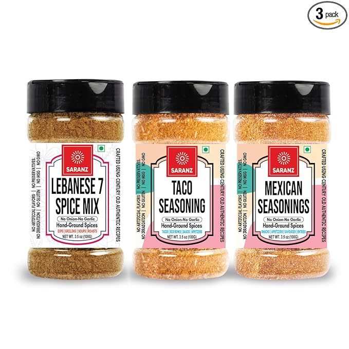 SARANZ Taco Mix JainExotic, Lebanese 7 Spice Mix Jain & Mexican Mix Jain Seasoning ( Combo Pack Of 3 ) Perfect for Snacks, Appetizers, Tacos, Savouries, Entrees, Main Dishes Aromatic and Flavoured Vegan, Dairy Free | Mexican Seasoning | 100 Grams Sprinkler Jar