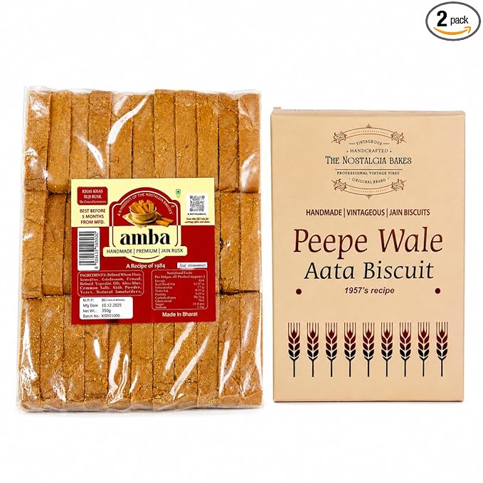 Amba Handmade Jain Khas-Khas Suji Rusk & Peepe Wale Aata Biscuit Combo Pack | Crispy Tea Time Snacks | Made With Desi Ghee | Traditional Bakery Style Biscuits | Premium Vegetarian Snacks