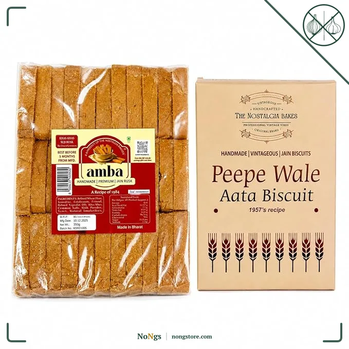 Amba Handmade Jain Khas-Khas Suji Rusk & Peepe Wale Aata Biscuit Combo Pack | Crispy Tea Time Snacks | Made With Desi Ghee | Traditional Bakery Style Biscuits | Premium Vegetarian Snacks
