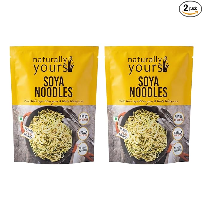 Naturally Yours Soy Hakka Noodles | Soybean & Wheat Protein | No Maida, No Onion No Garlic, Jain Friendly, Vegan, Preservative Free, No MSG | High Protein & Fiber | Tastemaker Inside | 180g Pack of 2