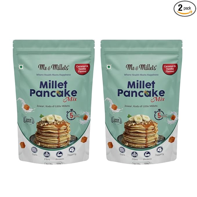 ME & MILLETS Caramel & Vanilla Flavor Millet Pancake Mix (150g X 2) Sweetness Of Jaggery, No Maida, No Wheat, No Preservatives, Vegetarian, Eggless, Healthy Breakfast for Family (Jain Friendly)