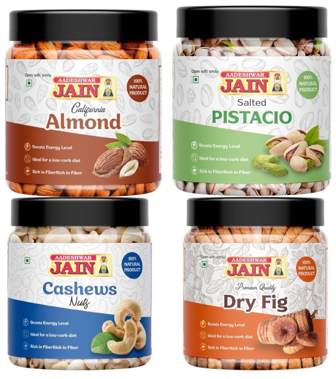 Aadeshwar Jain Cashews, Almonds, Pistachios & Anjeer Healthy Snacks | High Protein & Fiber | Fresh & Natural Combo Pack - 200Gm Each (Total 800gm)