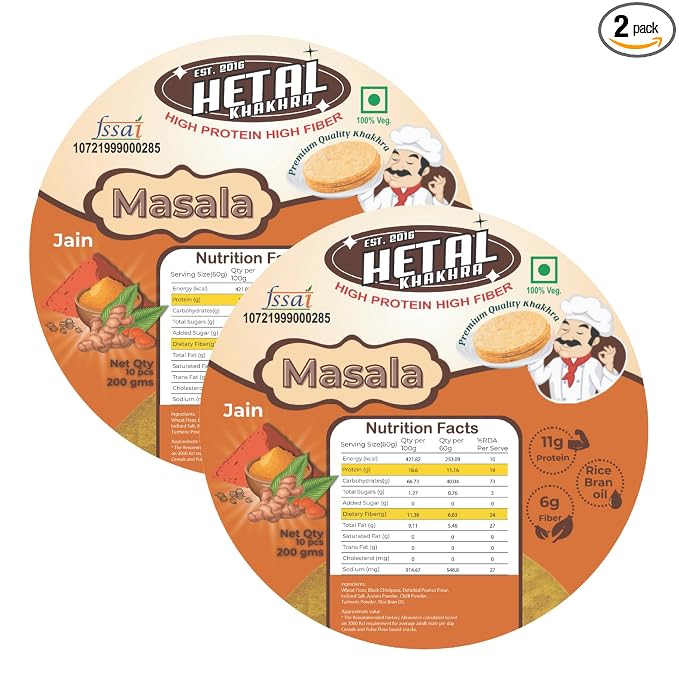 Masala Khakhra | JAIN | Crispy | Ready To Eat | High Protein High Fiber| No Palm Oil | 200g Vacuum Pack Of 2