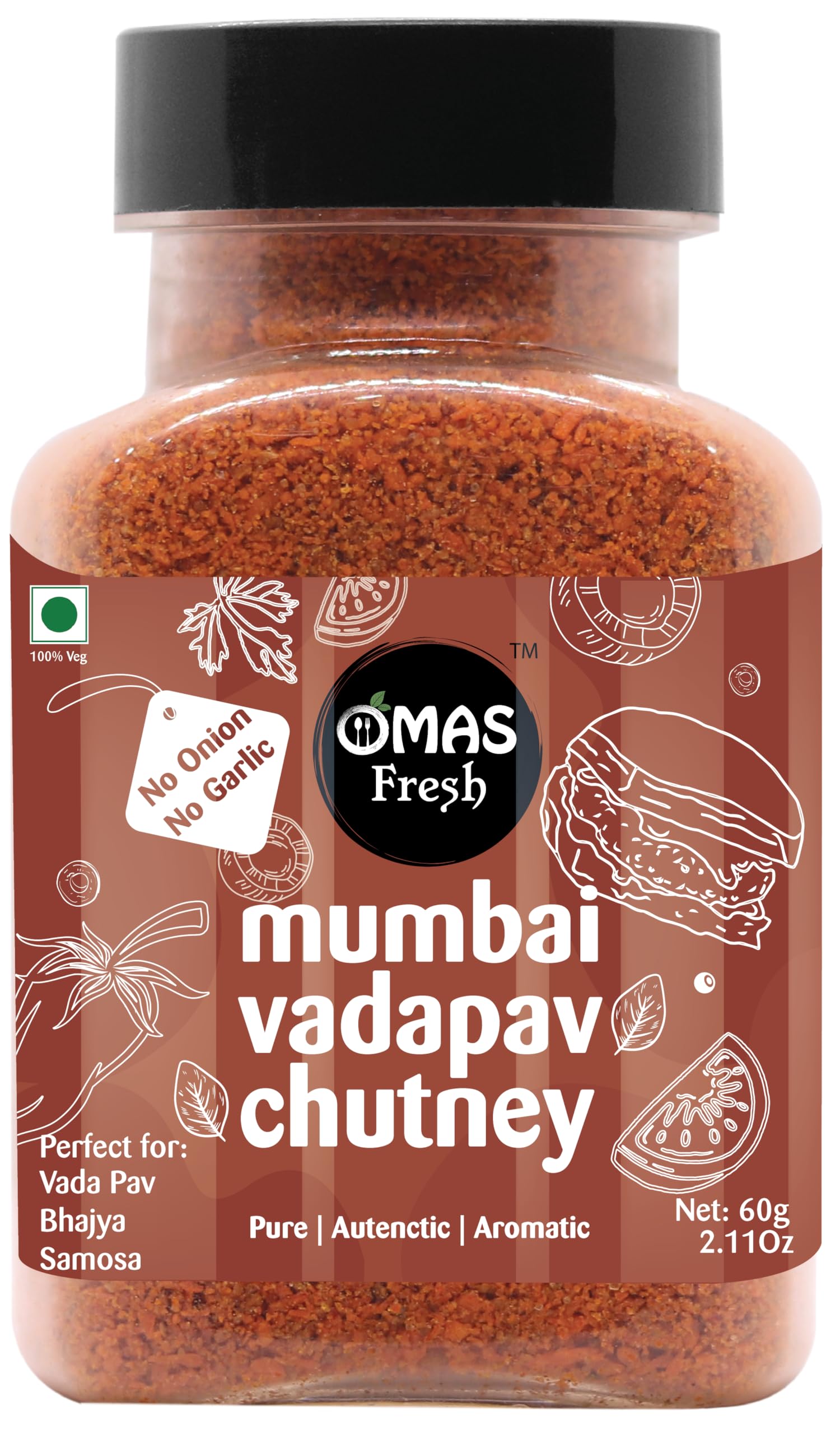 Omas Fresh No Onion, No Garlic Mumbai Vadapav Chutney 60g, Instant Coconut Dry Chutney | Perfect for Vadapav, Bhajiya, Samosa