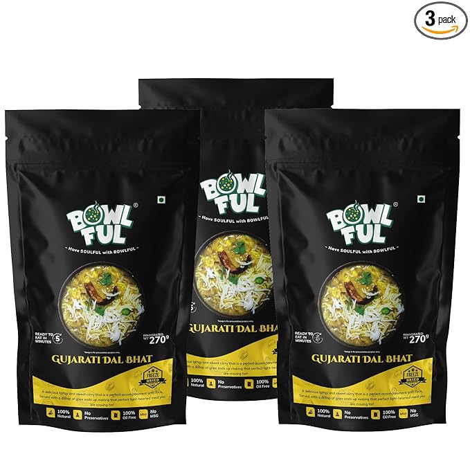 BowlFul Gujarati Dal Bhat, 70 GMS, Sweet Dal Preparation with Basmati Rice and No Onion or Garlic. 100% Natural, Freeze Dried Food