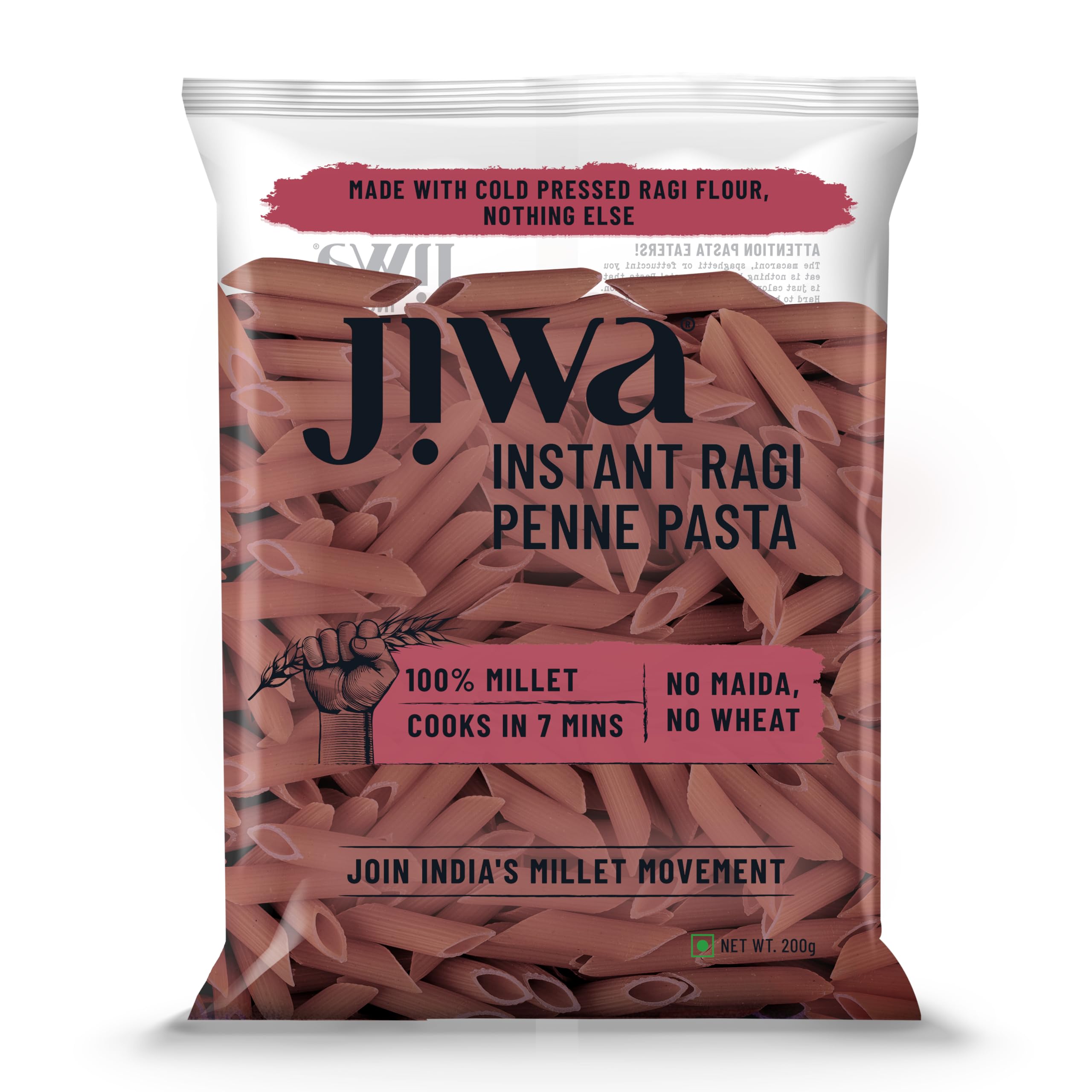 Jiwa Instant Ragi Penne Pasta | 200 G | Cooks in 7 minutes | Ready to Cook | 100% Millet | No Maida, No Atta | Gluten Free