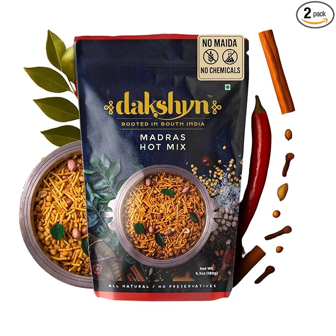 Dakshyn Madras Hot Mix Farsan Snacks Namkeen (250g x Pack of 2) | Jain Snacks No Onion No Garlic | South Indian Spicy Mixture | High in Protein | No Palm Oil | Vegan & Gluten Free