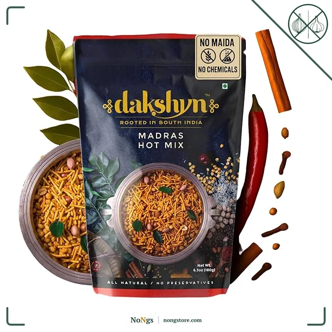 Dakshyn Madras Hot Mix Farsan Snacks Namkeen (250g x Pack of 2) | Jain Snacks No Onion No Garlic | South Indian Spicy Mixture | High in Protein | No Palm Oil | Vegan & Gluten Free