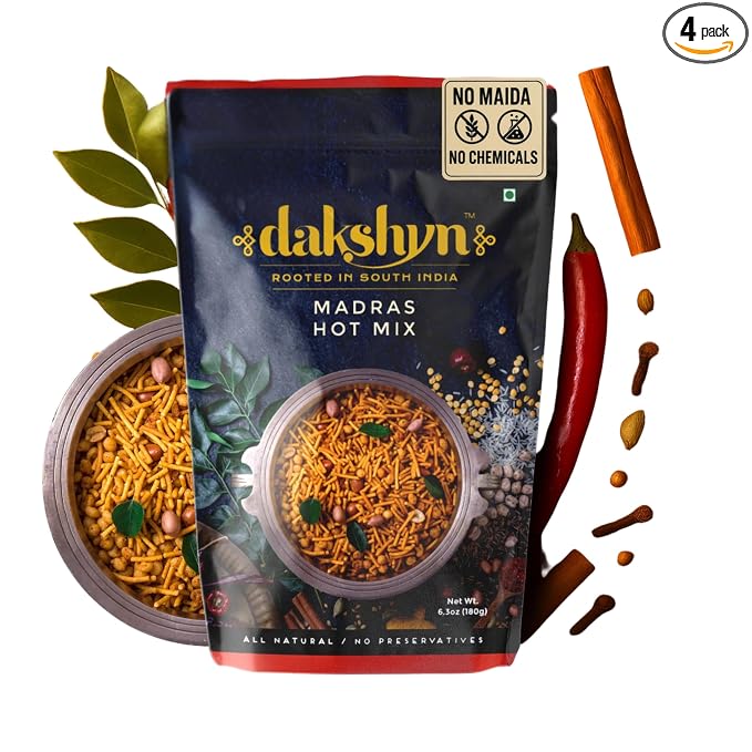 Dakshyn Madras Hot Mix Farsan Snacks Namkeen (250g x Pack of 4) | Jain Snacks No Onion No Garlic | South Indian Spicy Mixture | High in Protein | No Palm Oil | Vegan & Gluten Free