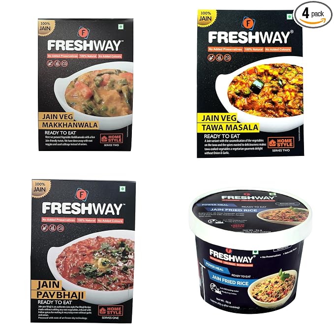 Freshway Ready to Eat Jain Combo Pack Fried Rice, Tawa Masala, Veg Makhanwala & Pav Bhaji | 100% Vegetarian | No Onion No Garlic | Instant Heat and Eat Indian Meal | Healthy, Convenient & Travel Friendly