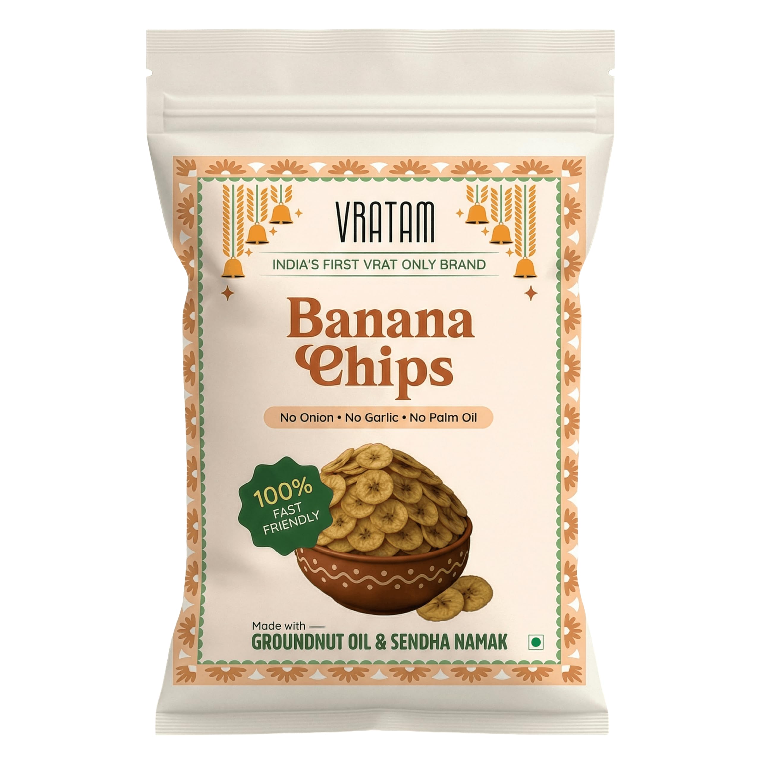 Vratam Banana Chips | Thinnest Fasting Wafers for Navratri | Pure Vrat Friendly Sendha Namak Banana Chips | No Onion No Garlic No Palm Oil | Healthy Jain Friendly Snacks Namkeen | 110G (pack of 1)