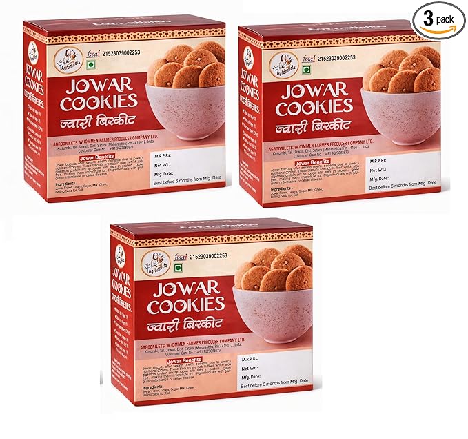 AGROMILETS Jwari Cookies 200g Pack of 3 | Jowar Biscuits | Baked Millet Snack | Grain Based Tea Time Food | Crisp Texture Cookies | Suitable for Regular Use | 3 x 200g Pack
