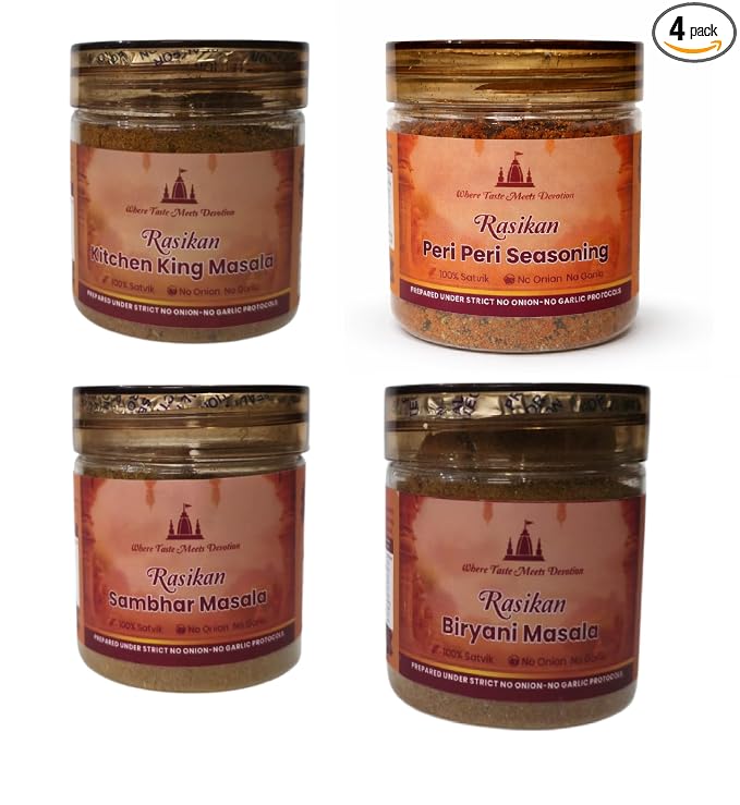Rasikan Jain Satvik Masala Combo - Peri Peri, Kitchen King, Sambhar & Biryani Masala (320g)No Onion No Garlic | Freshly Ground Small Batch Spices | No Added Colour or Preservatives | Perfect for Bhog, Satvik & Everyday Cooking