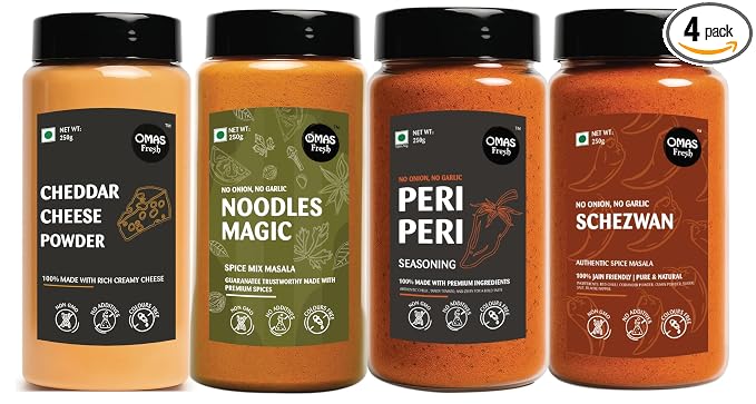 Omas Fresh No Onion No Garlic Noodles Magic Masala, Peri Peri, Cheddar Cheese & Schezwan Seasoning | 250g × 4 Combo Pack | Flavourful Seasoning Set for Pasta, Snacks & Daily Cooking
