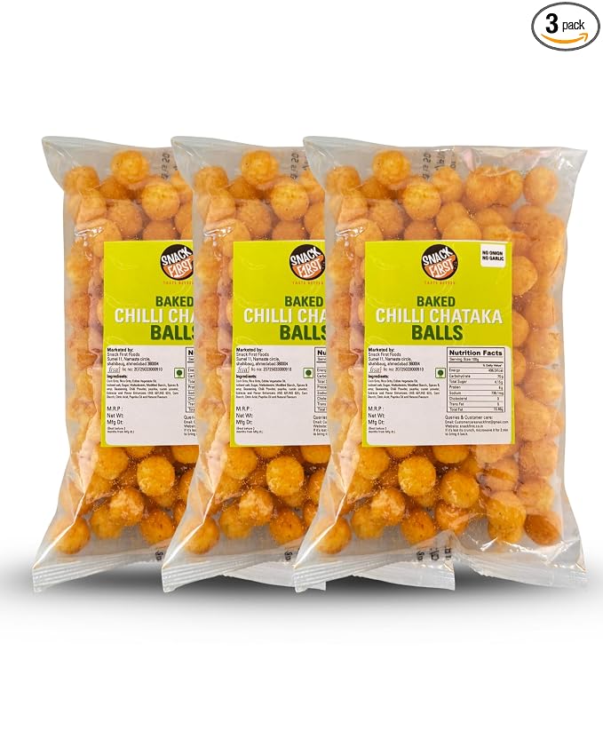 Snack First Chilli Chataka Balls, Corn balls, Combo of 3, No Onion No Garlic, Puffed Snack, Healthy Snack, Party Snack, Namkeen, Each 80g