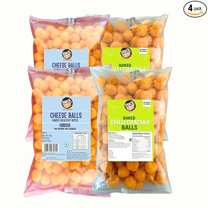 Snack First Baked Chilli Chataka (2) & Cheese Balls (2), Corn balls, Combo of 4, No Onion No Garlic, Jain, Puffed Snack, Corn Puffs, Healthy Snack, Namkeen, 320g