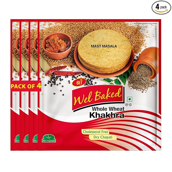 Wel Baked Whole Wheat Khakhra (Mast Masala) - Pack of 4, 200 Gms Each | Dry Chapati | Khakra Fresh Gujarati Namkeen Snacks | Ready To Eat - Roasted - Khakhra Snacks| Vacuum Packed