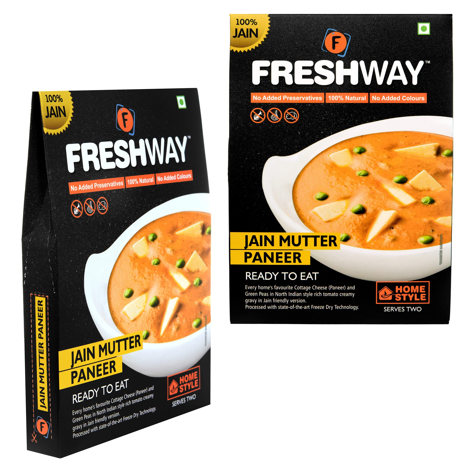 Freshway Ready to Eat Jain Mutter Paneer Pack of 2 | No Onion, No Garlic | Instant Travel Ready Indian Meal | Cooks in 5–7 Minutes | Pure Jain Vegetarian | Quick, Healthy & Delicious | Ideal for Travelers, Office Lunch, Students & On the Go