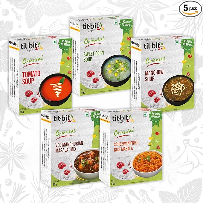 Tit-Bit Oriental - Chinese Masala Combo - NONG - Ready to eat - Hakka Noodles, Schezwan Fried Rice, Sweet Corn Soup, Manchow Soup & Manchurian Mix - (50 gms each)