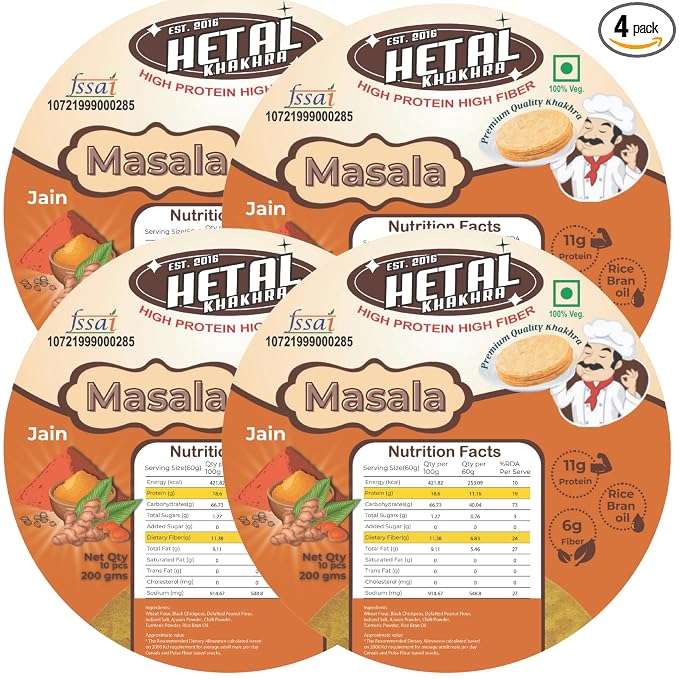 Masala Khakhra | JAIN | Crispy | Ready To Eat | High Protein High Fiber| No Palm Oil | 200g Vacuum Pack Of 4