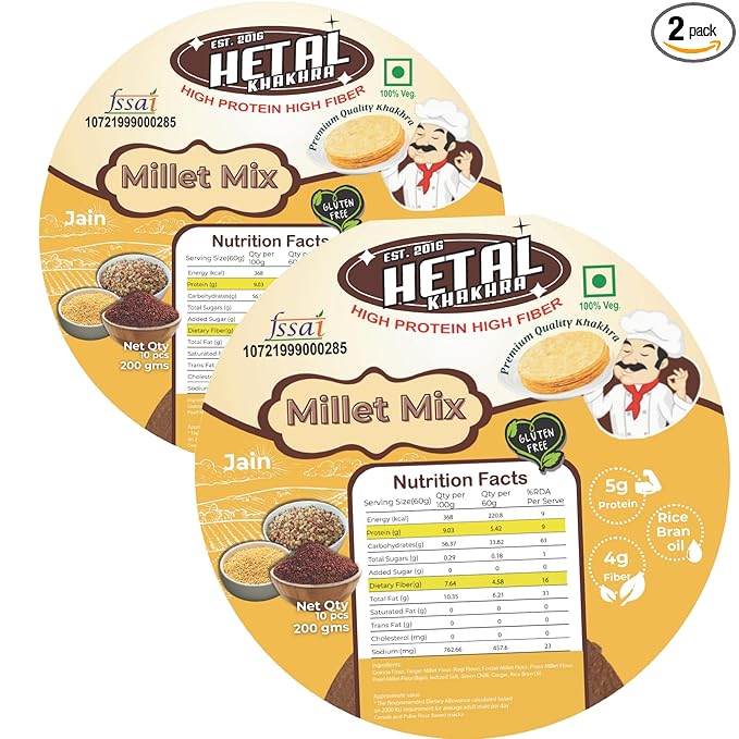 Milets Khakhra JAIN | Gluten Free | Crispy| Ready To Eat | High Protein High Fiber| No Palm Oil | 200g Vacuum Pack Of 2