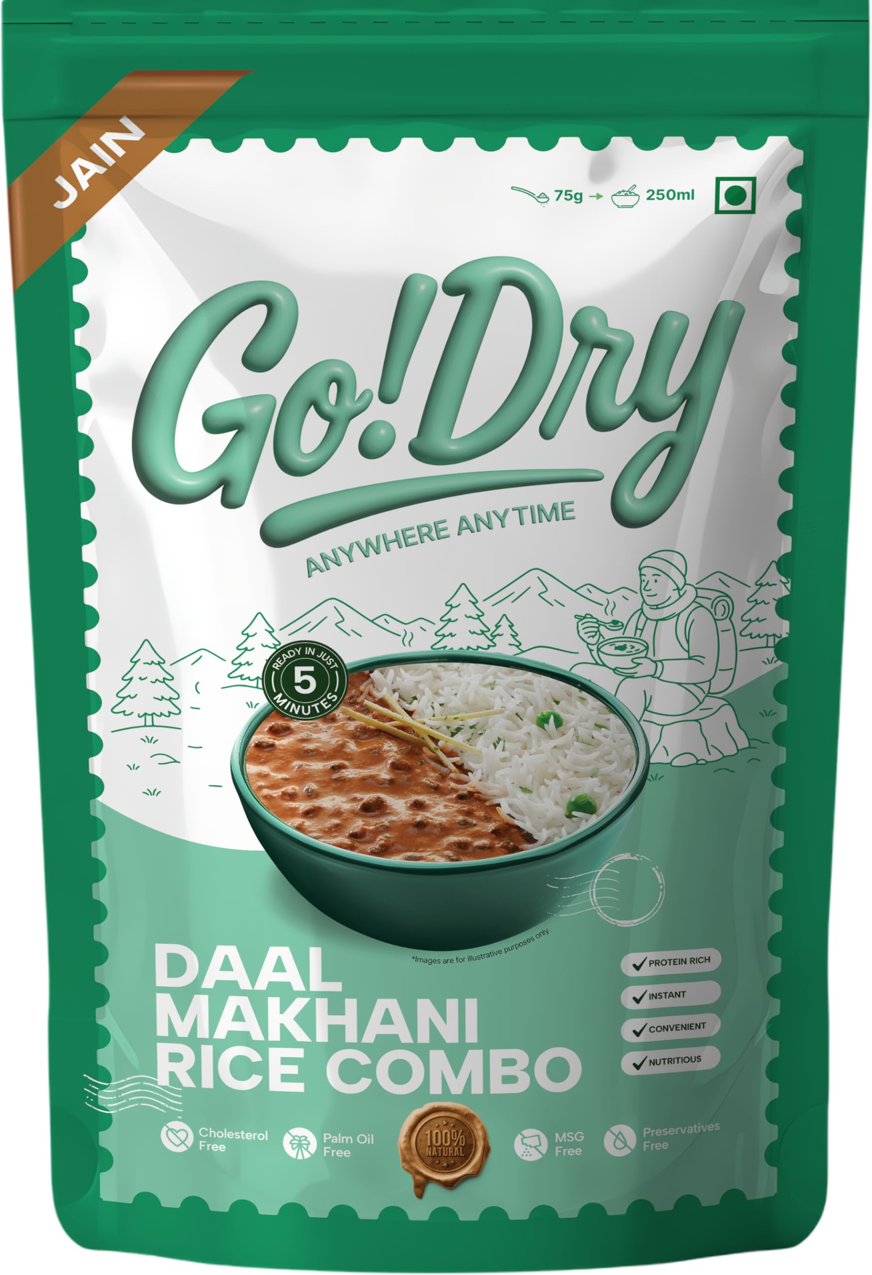 Go!Dry Jain Dal Makhani Rice Combo | Ready to Eat Indian Meal | No Onion No Garlic | No Preservatives & No Palm Oil | 80g