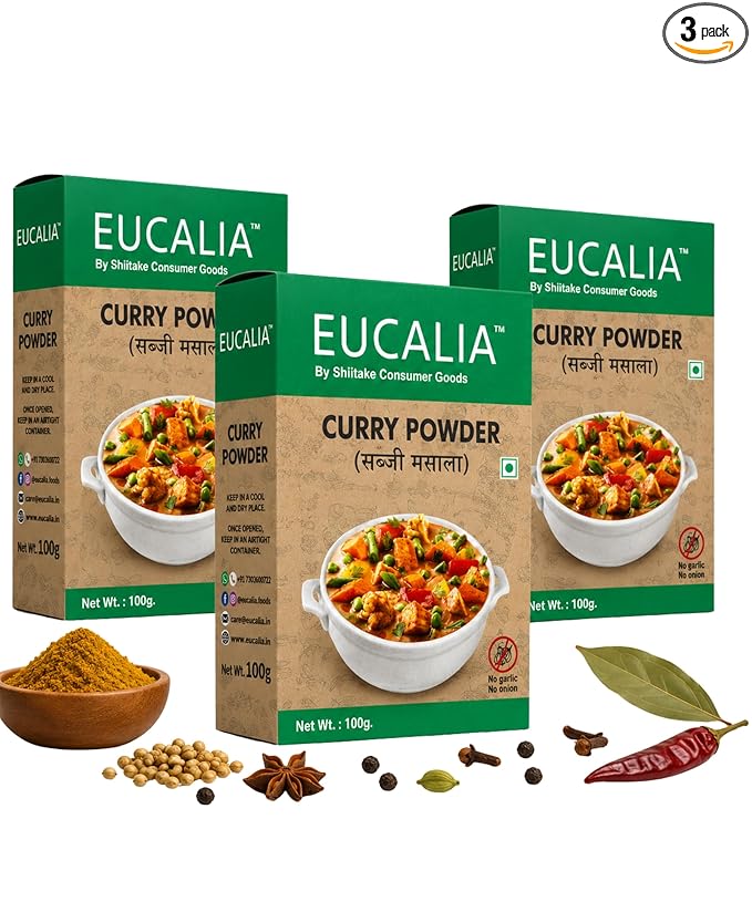 EUCALIA Sattvik (No Onion - No Garlic) Curry Powder (Sabji Masala) Pack of 3 (100g) | Bold & Aromatic Spice Blend | Vibrant Colour | No Added Colours or Preservatives | Perfect for Vegetarian Dishes & Everyday Cooking | Sattvik No Onion No Garlic (NONG) | Total 300g