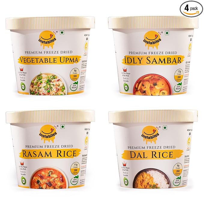 Instabites Ready To Eat Combo of Veg upma, Idli Sambar, Rasam Rice, Dal Rice No Added Preservatives and Ready to Eat in Minutes - Pack of 4