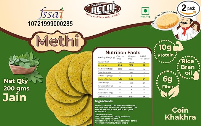 Methi COIN Khakhra | JAIN | Crispy | Ready To Eat | High Protein High Fiber| No Palm Oil | 200g Pack Of 2