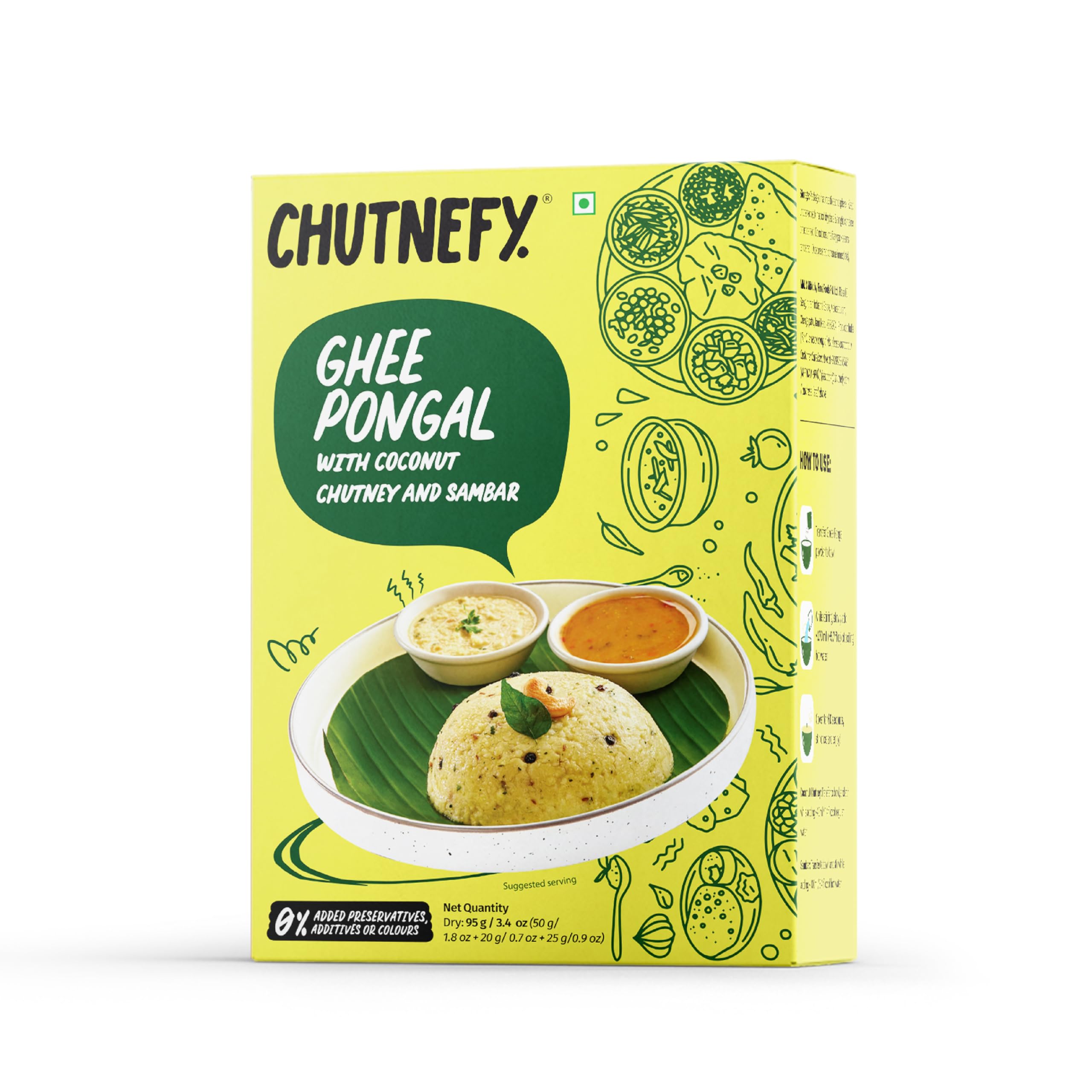 Chutnefy Ghee (Ven) Pongal (With Coconut Chutney & Sambar) | 95g Freeze-Dried Instant Meal | Just Add Hot Water to make a meal for 1 | 0% Preservatives or Additives