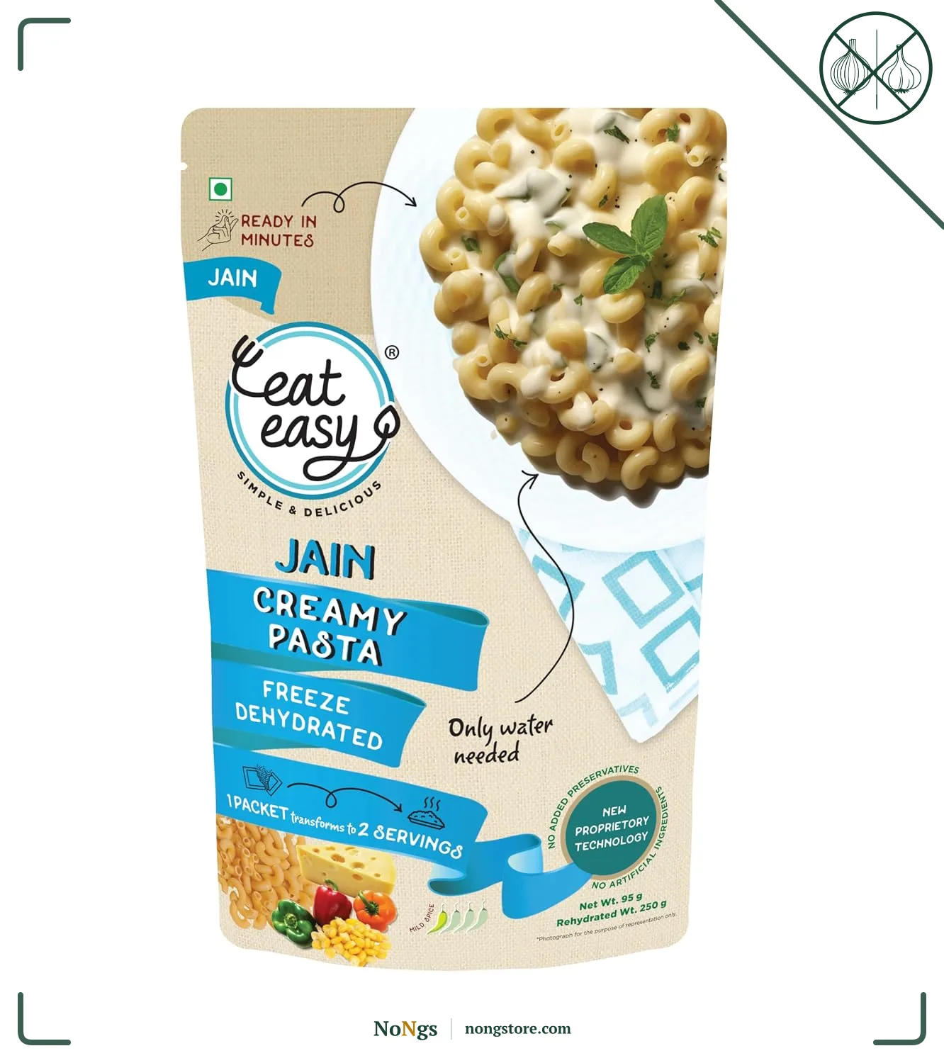 Eat Easy Ready To Eat Jain Pasta- 100gm | Freeze Dehydrated | Just Add Water and Cook | No Onion No Garlic, Vegetarian Healthy Instant Creamy Pasta Food for Travel, Trekking, Campign, Hostel