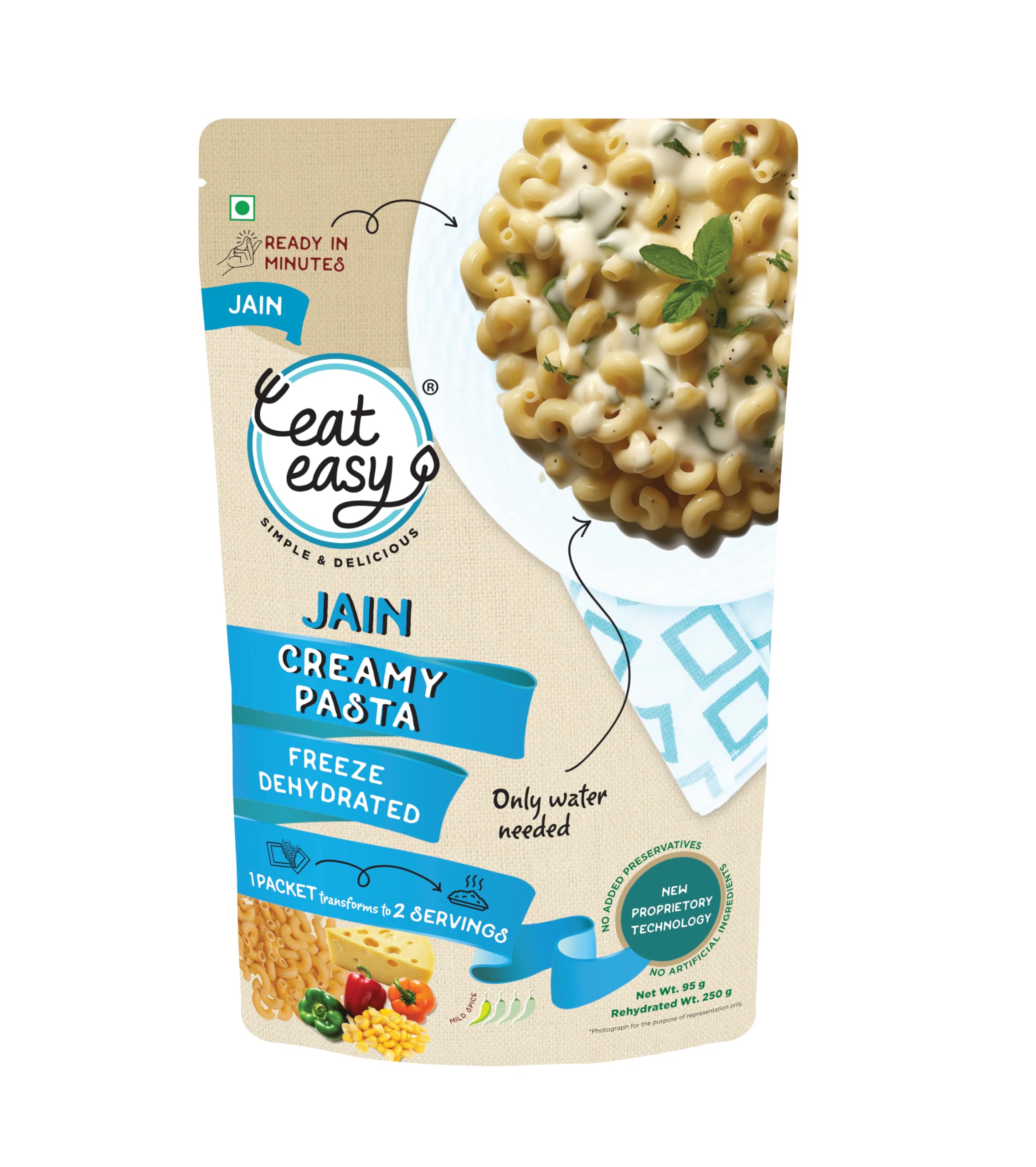 Eat Easy Ready To Eat Jain Pasta- 100gm | Freeze Dehydrated | Just Add Water and Cook | No Onion No Garlic, Vegetarian Healthy Instant Creamy Pasta Food for Travel, Trekking, Campign, Hostel