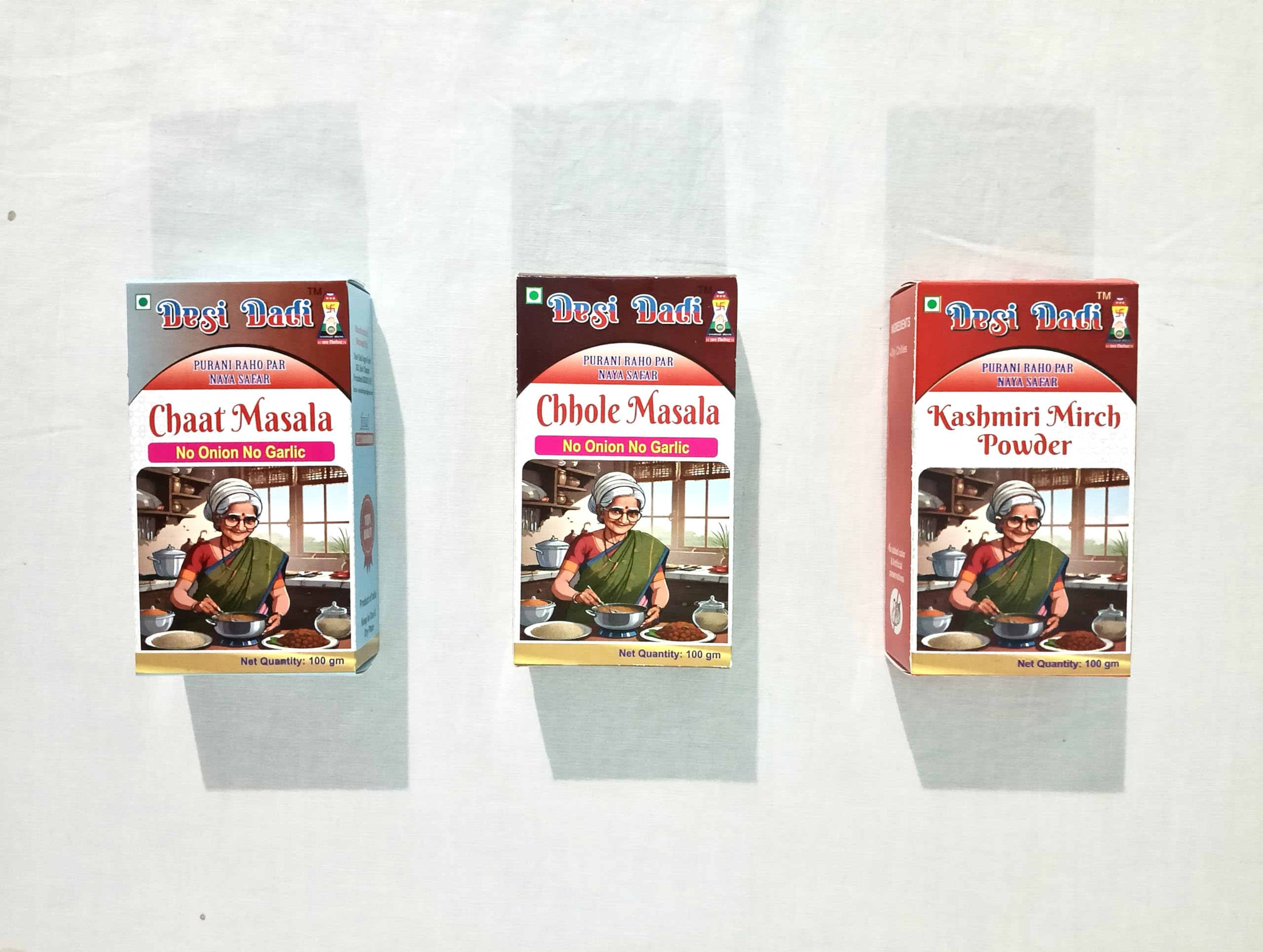 Desi Dadi Premium Indian Spice Combo, Chaat Masala, Chhole Masala, Kashmiri Mirch Powder, No Onion No Garlic, 100g Each