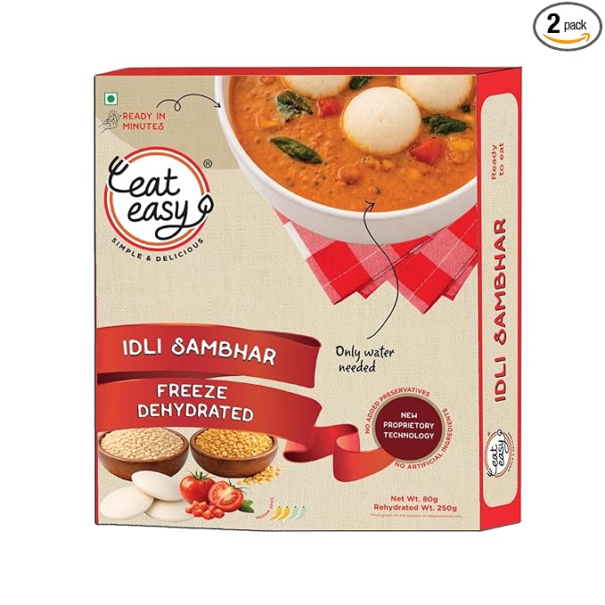 Eat Easy Instant Idli Sambar- 80gm (Pack of 2) | Freeze Dried South Indian Meal | Made with Rice Idli, Urad Dal & Authentic Sambar | Just Add Hot Water