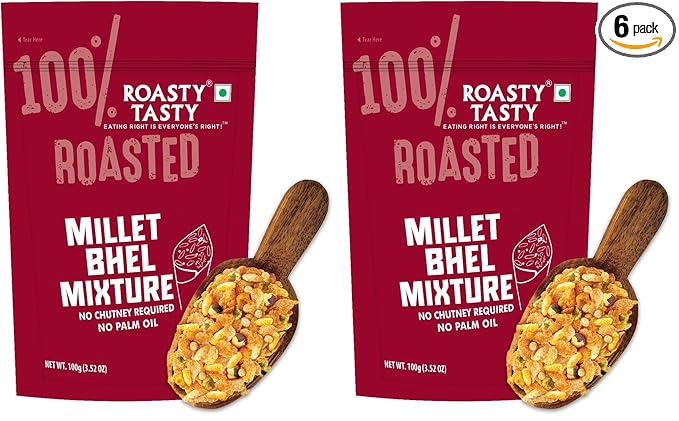 Roasty Tasty Millet Bhel Mix | Ready-to-Eat Healthy Bhel Snack – No Chutney Required | Roasted Namkeen with Millets, Chana & Spices | High Fiber | No Onion No Garlic Bhel Namkeen | 100g x 6 Packs | Instant Bhel Mix