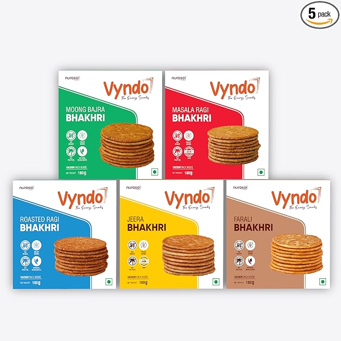 Vyndo All Bhakhri Combo – Pack of 5 (180g Each) | Millet Snacks, Gluten-Free, Healthy Energy Snack for Kids & Adults | Moong Bajra, Masala Ragi, Roasted Ragi, Farali, Jeera