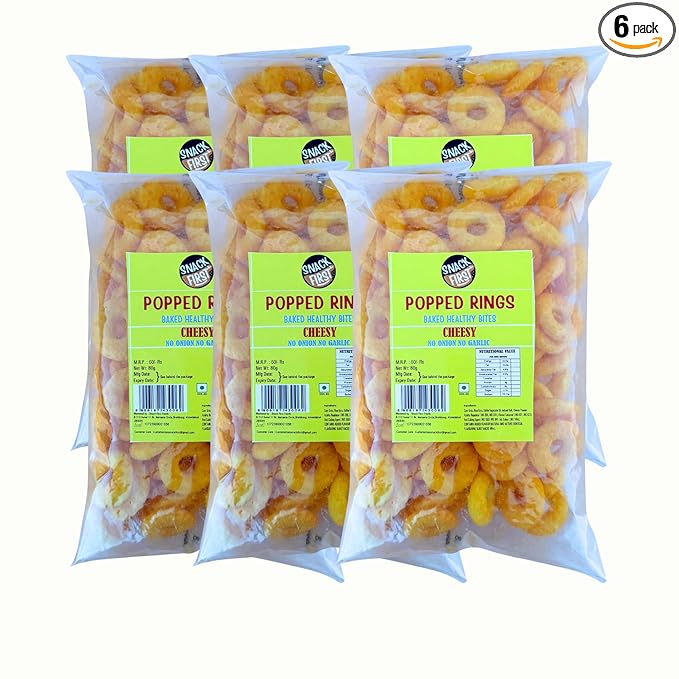 Snack First Popped Rings Cheese, Pack of 6, No Onion No Garlic, Jain, Puffed Snack, Corn Ring, Healthy Snack, Each 80g