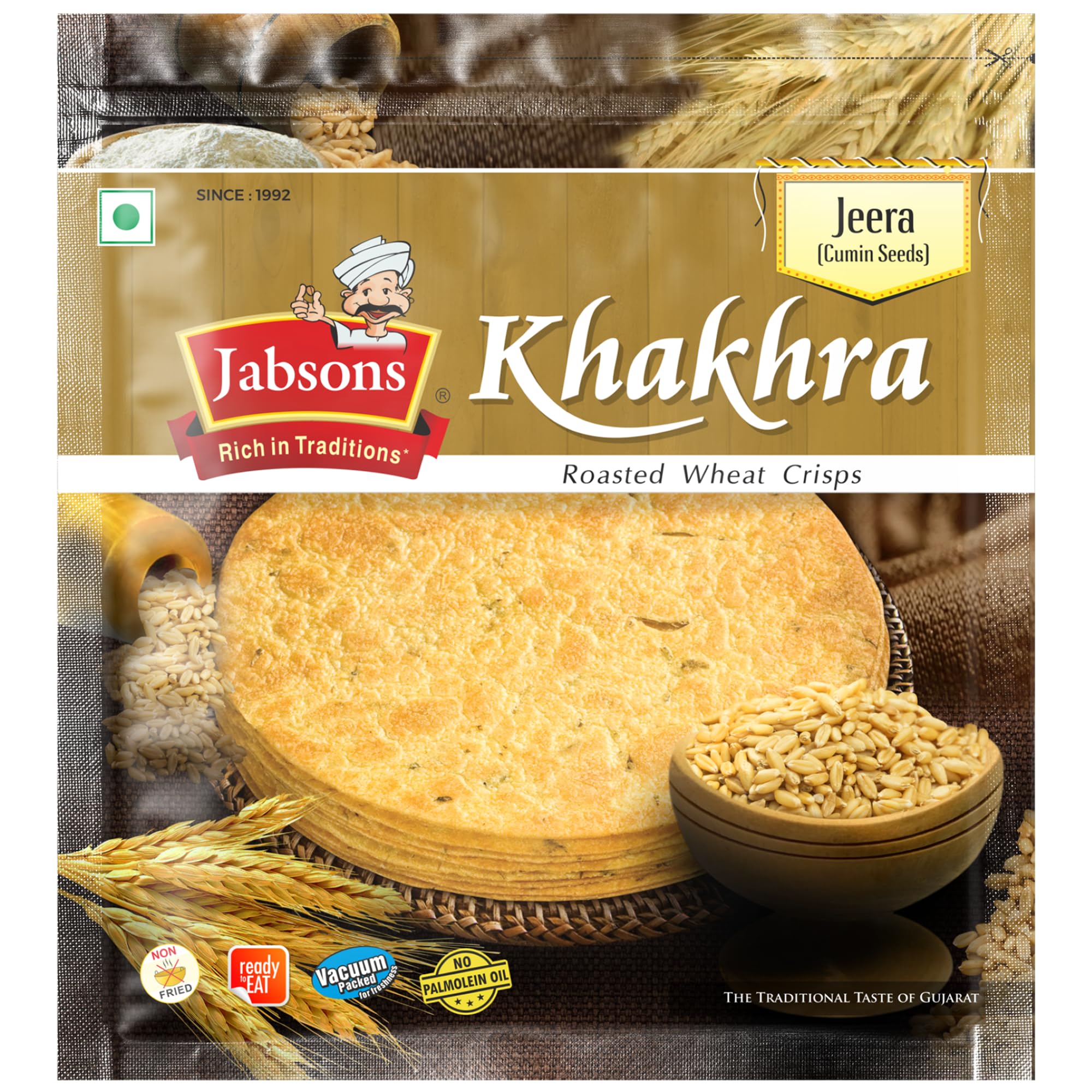 Jabsons Roasted Jeera Khakhra,180gm | No Onion No Garlic | Ready-To-Eat Vacuum Packed for Freshness | Gujarati Traditional Tea Snacks Flatbread Made with Cottonseed Oil 180 gm