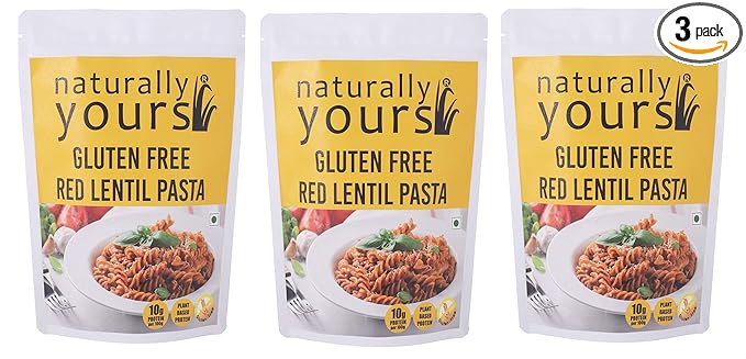 Naturally Yours Red Lentil Pasta | 200g Pack | Gluten-Free, No Maida, No Onion No Garlic, 100% Jain Friendly, Vegan, Preservative-Free | High Plant Protein & Fiber | Healthy Pasta | Pack of 3