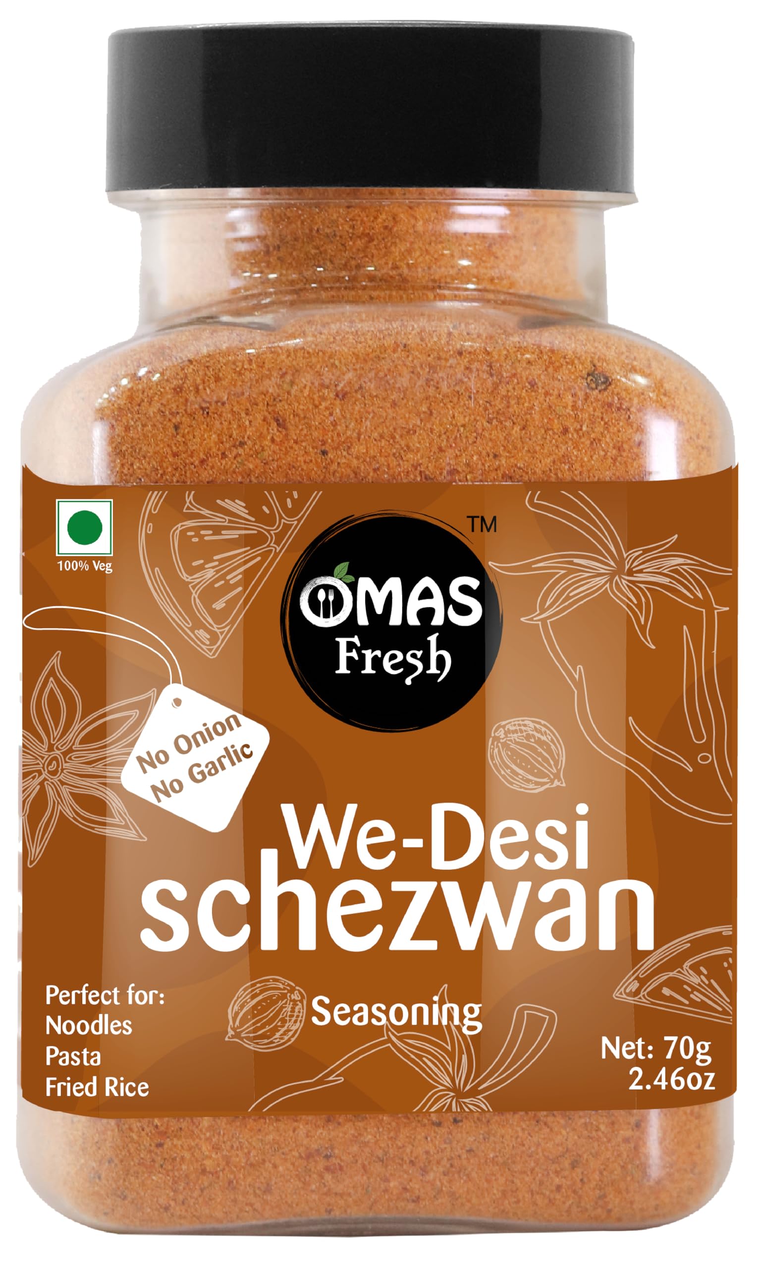 Omas Fresh Jain We-Desi Schezwan Seasoning | No Onion, No Garlic Masala Best for Making Noodles, Pasta, Fried Rice, Nachos (70g)